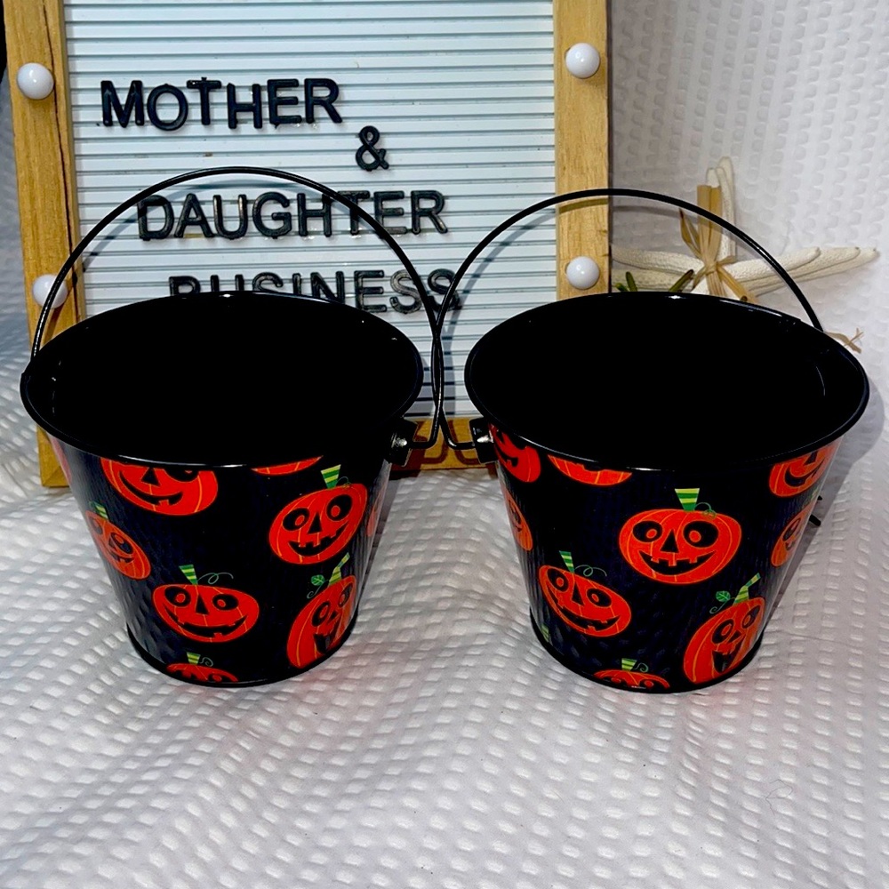 Set 2 Mini Halloween Candy Tin Buckets / Pails, New